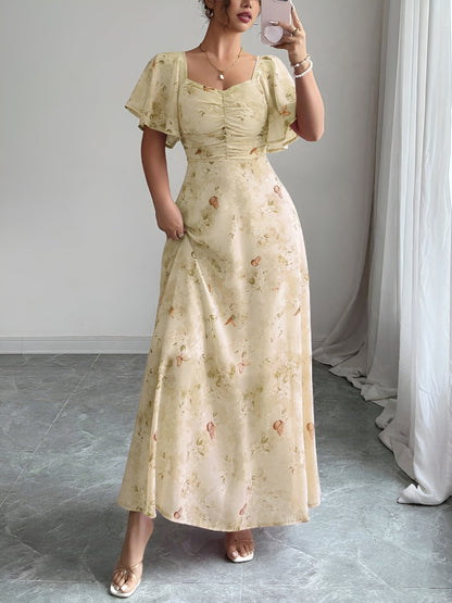 Floral Print Ruffled Sleeve Ruched Wedding Maxi Dress