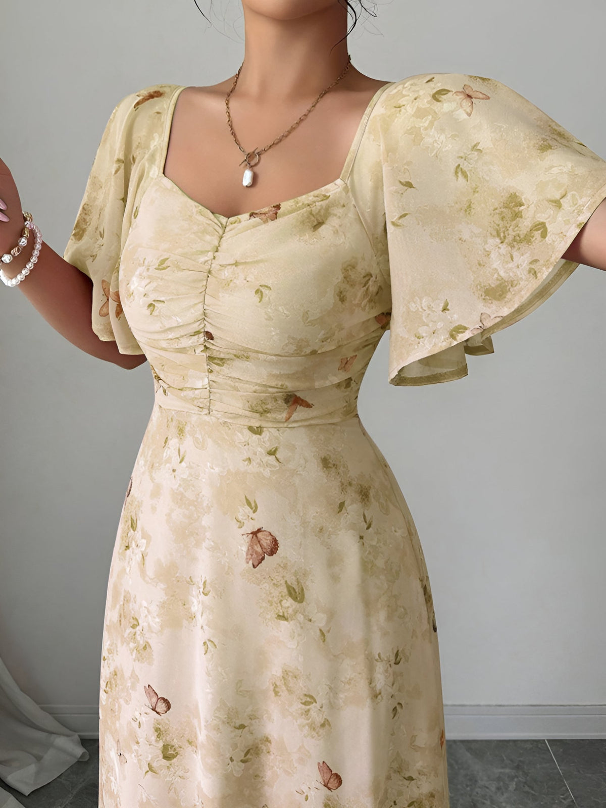 Floral Print Ruffled Sleeve Ruched Wedding Maxi Dress