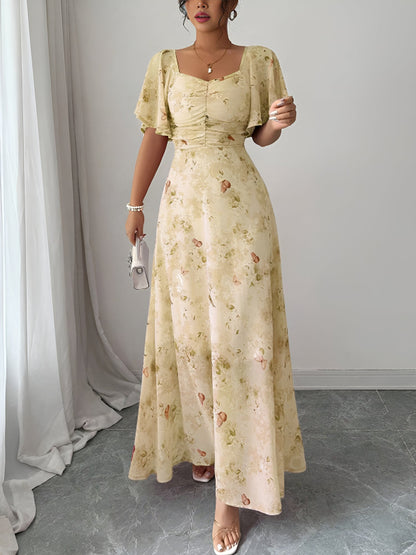 Floral Print Ruffled Sleeve Ruched Wedding Maxi Dress