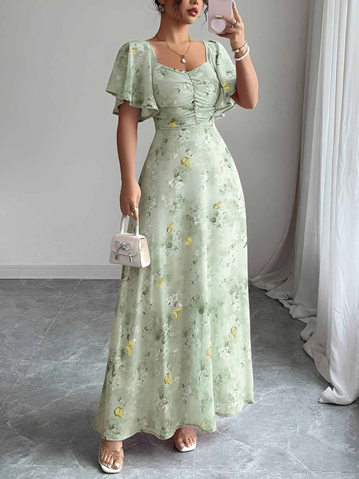 Floral Print Ruffled Sleeve Ruched Wedding Maxi Dress