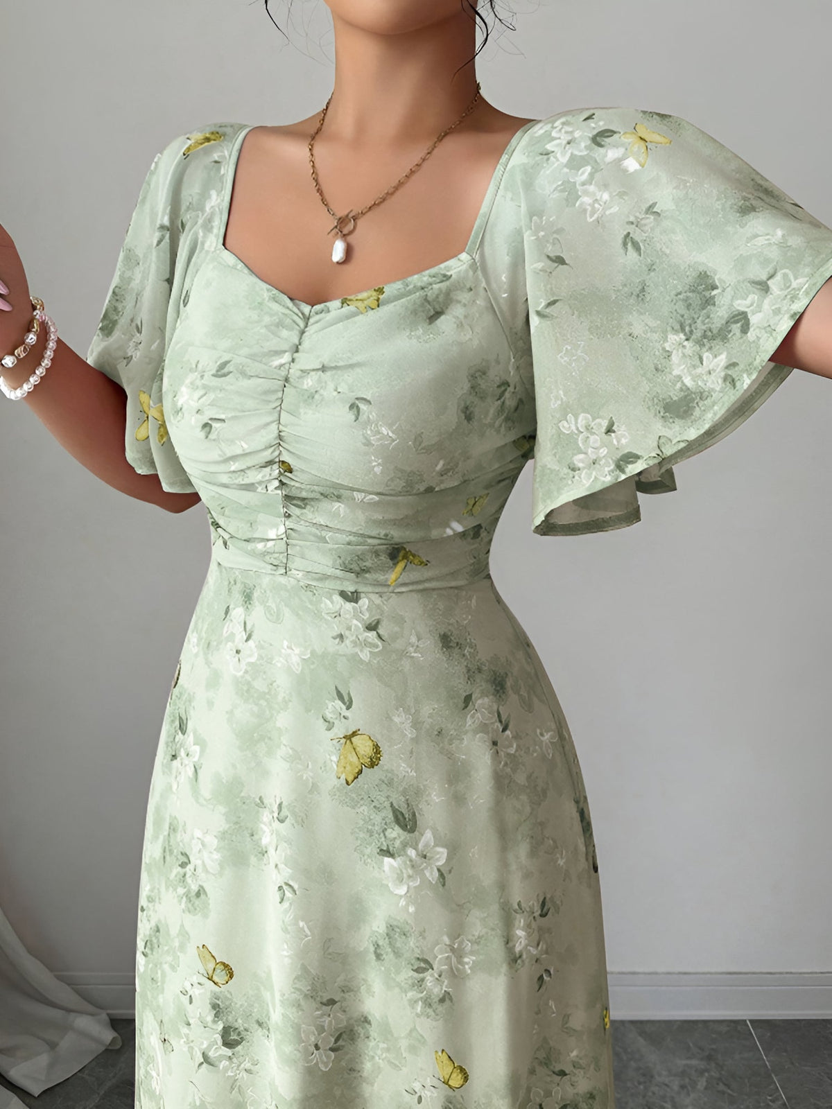 Floral Print Ruffled Sleeve Ruched Wedding Maxi Dress