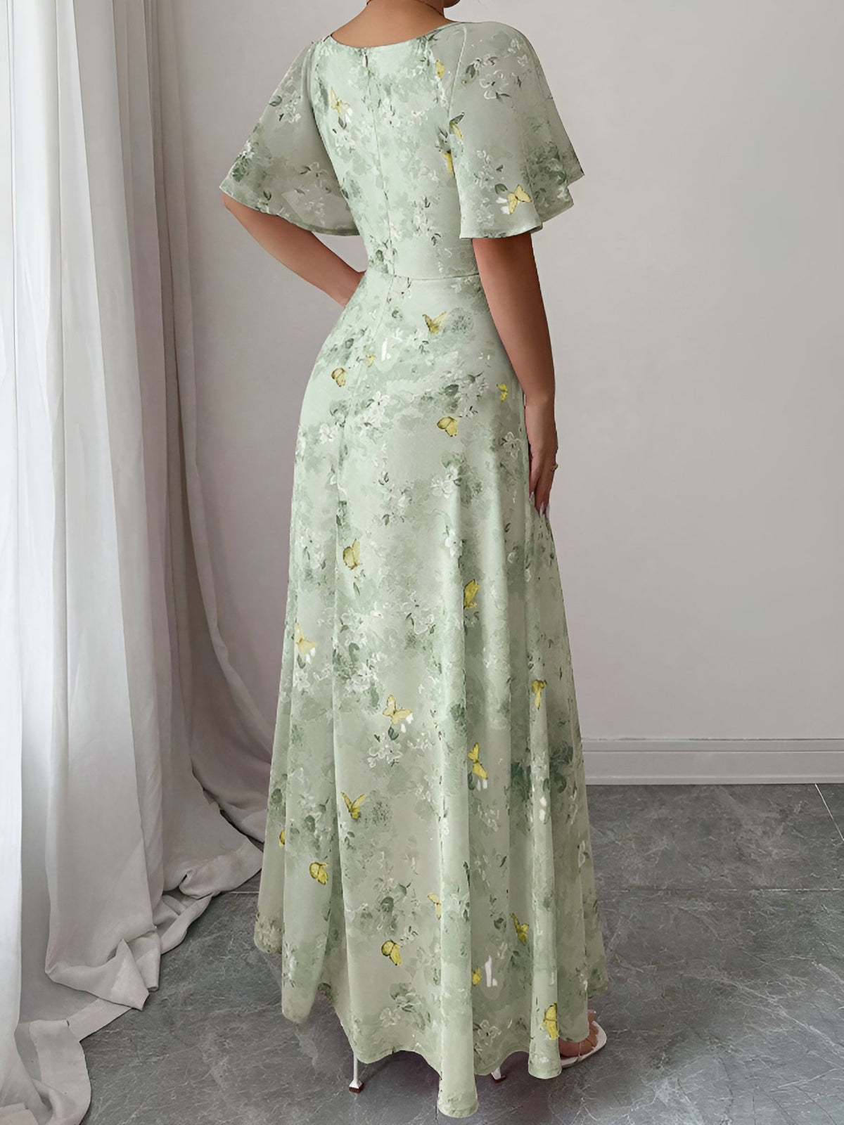 Floral Print Ruffled Sleeve Ruched Wedding Maxi Dress