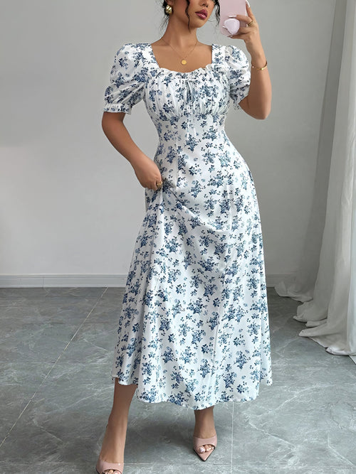 Floral Ruffled Square Neck Puff Sleeves Maxi Dress