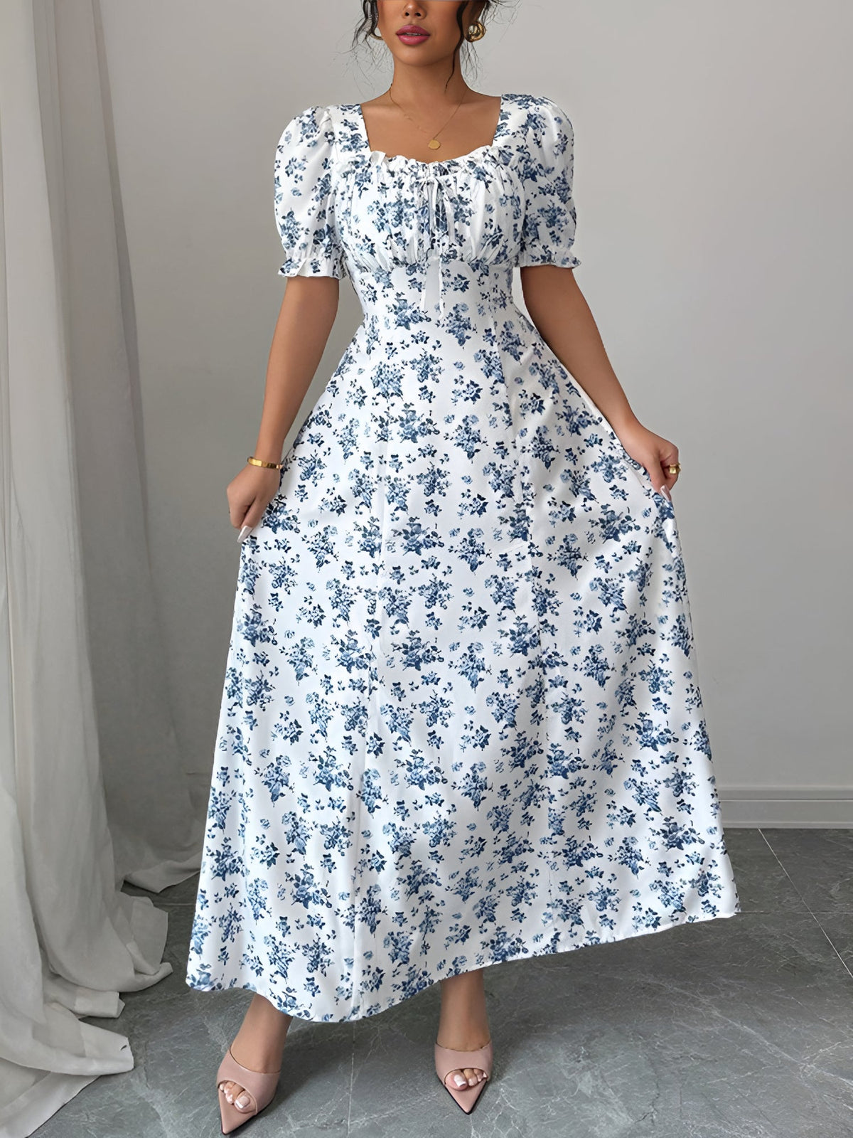 Floral Ruffled Square Neck Puff Sleeves Maxi Dress