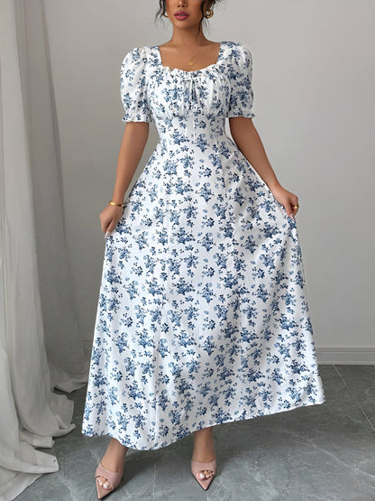 Floral Ruffled Square Neck Puff Sleeves Maxi Dress