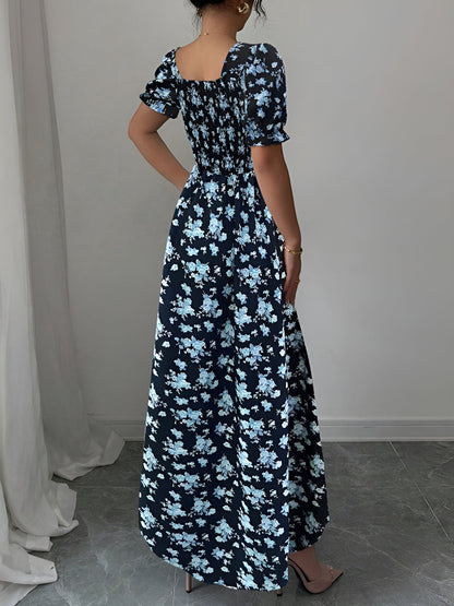 Floral Ruffled Square Neck Puff Sleeves Maxi Dress