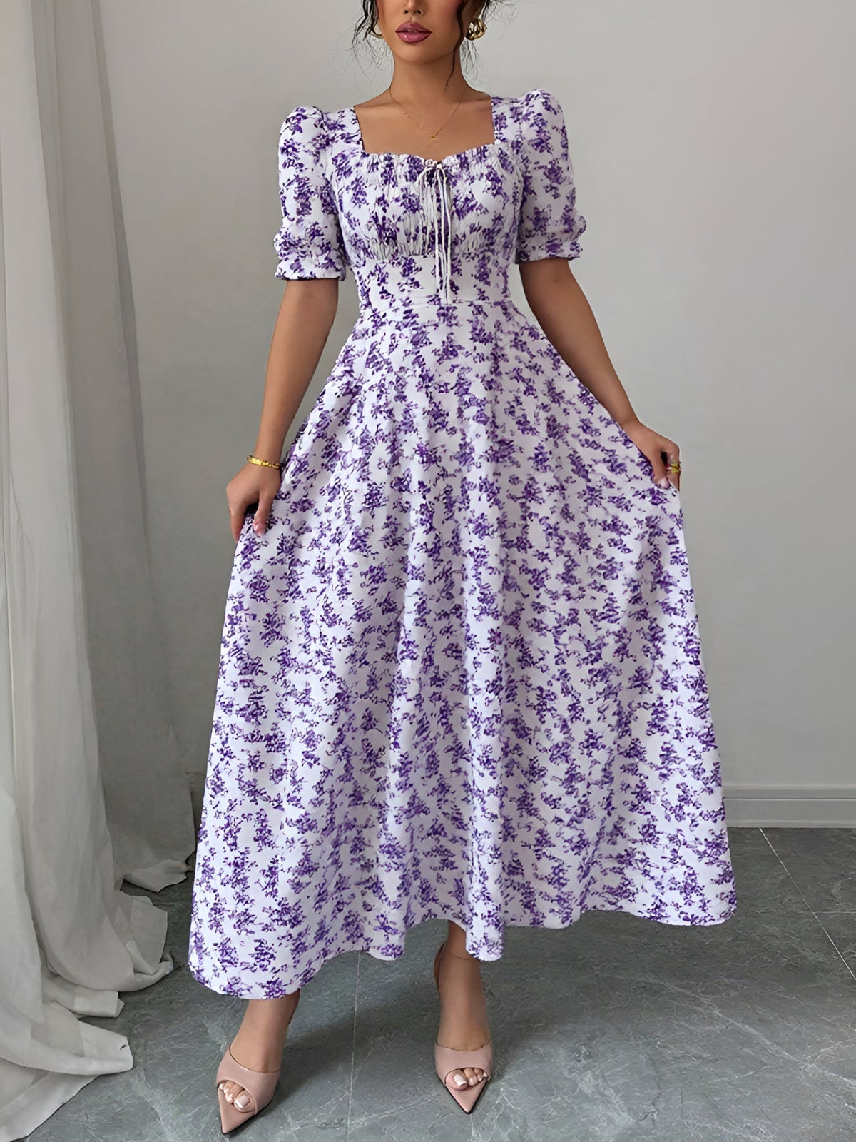 Floral Ruffled Square Neck Puff Sleeves Maxi Dress