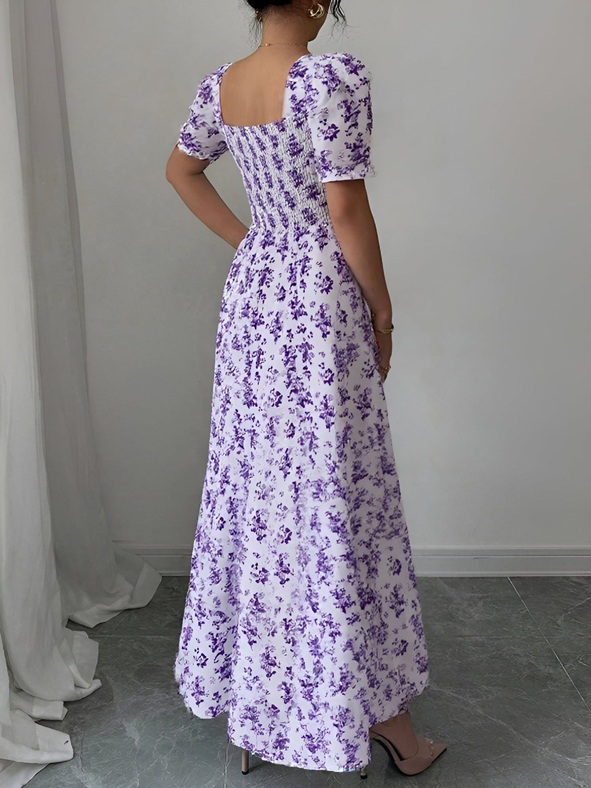 Floral Ruffled Square Neck Puff Sleeves Maxi Dress