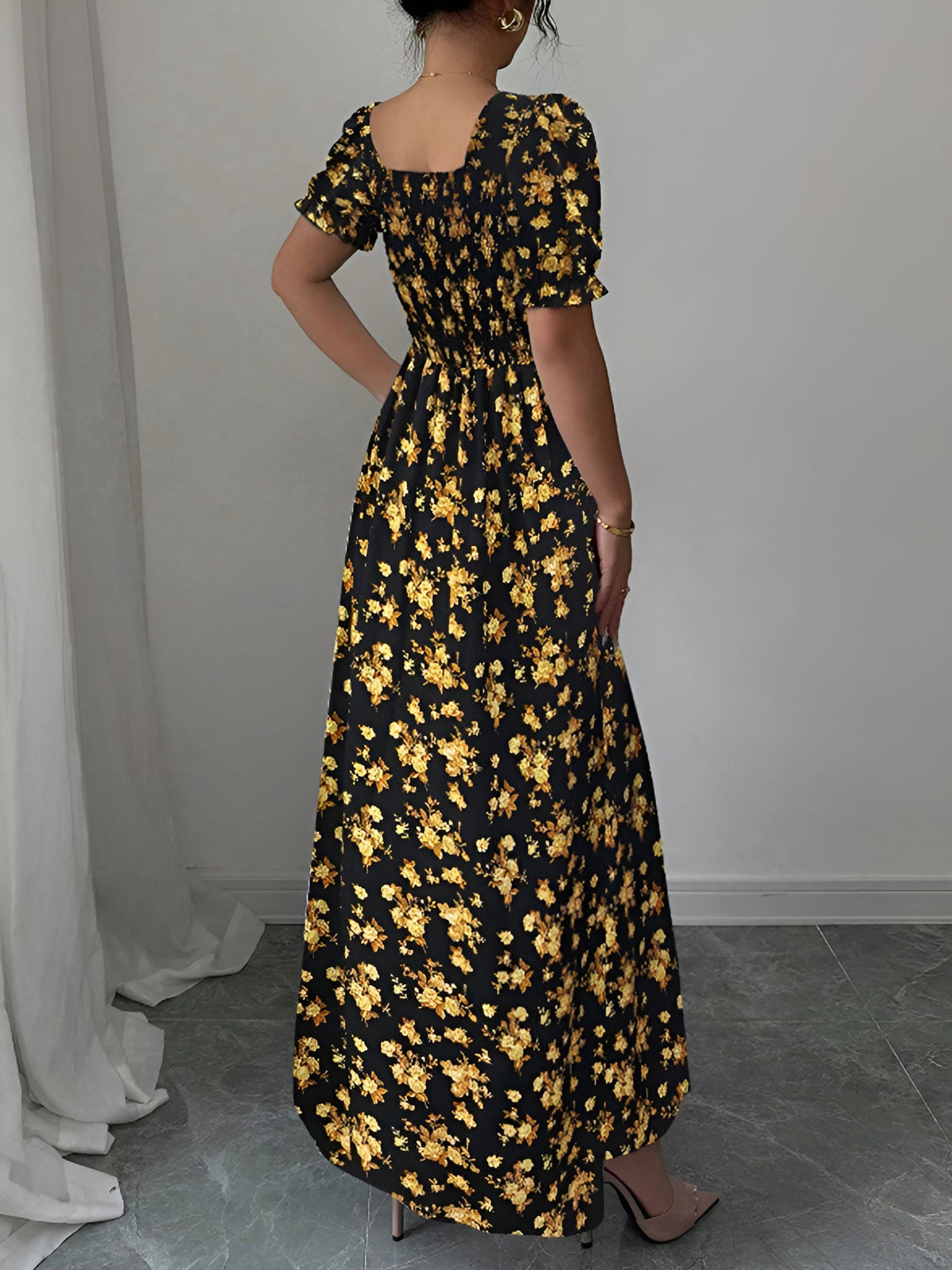 Floral Ruffled Square Neck Puff Sleeves Maxi Dress