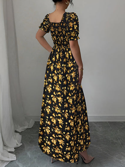Floral Ruffled Square Neck Puff Sleeves Maxi Dress