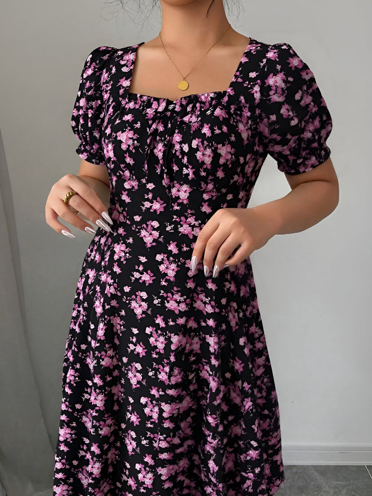 Floral Ruffled Square Neck Puff Sleeves Maxi Dress