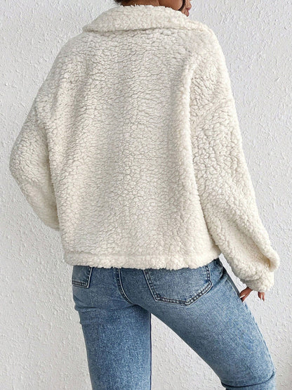 Collared Solid Color Long Sleeves Pockets Fleece Jacket