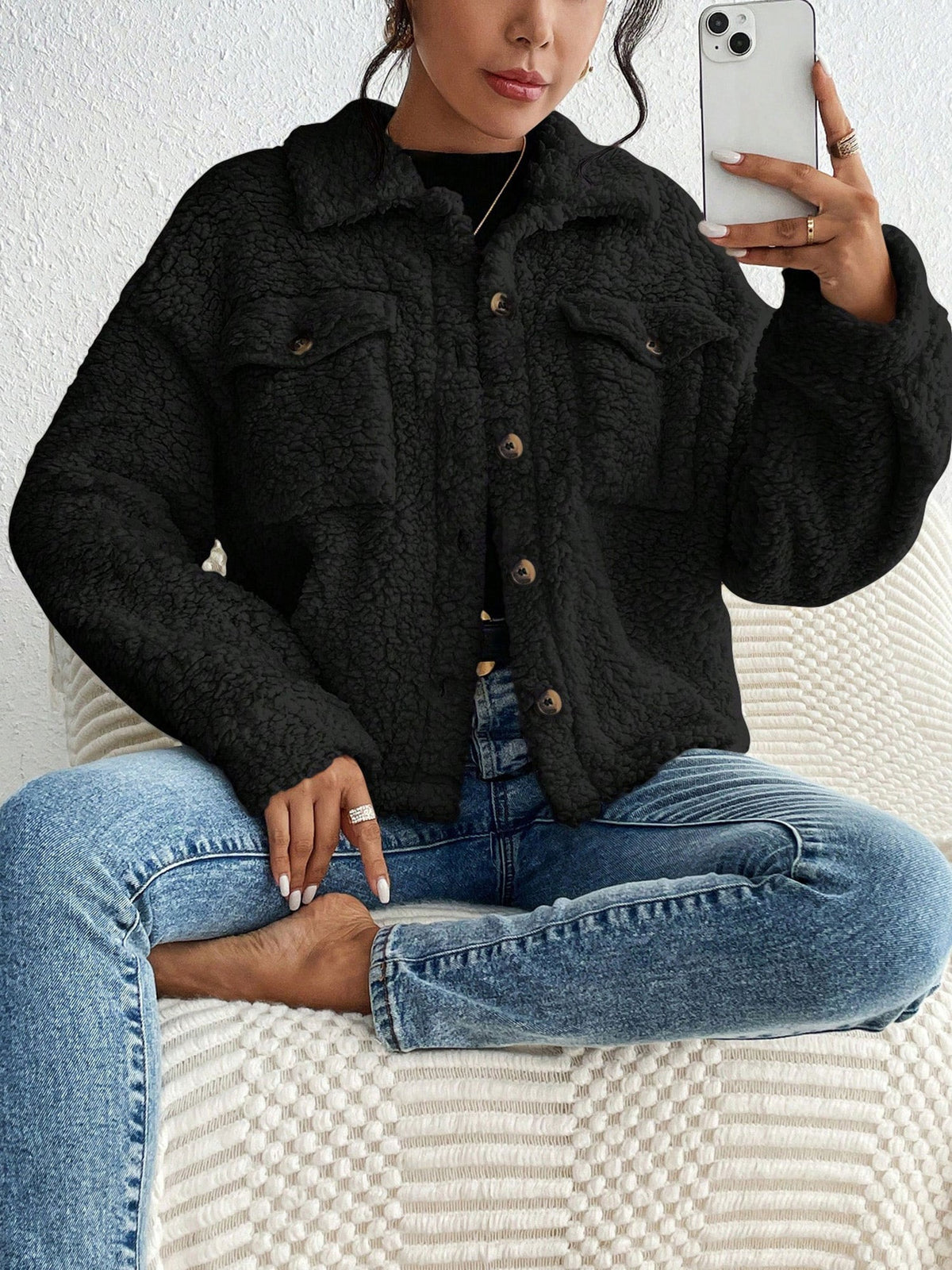 Collared Solid Color Long Sleeves Pockets Fleece Jacket