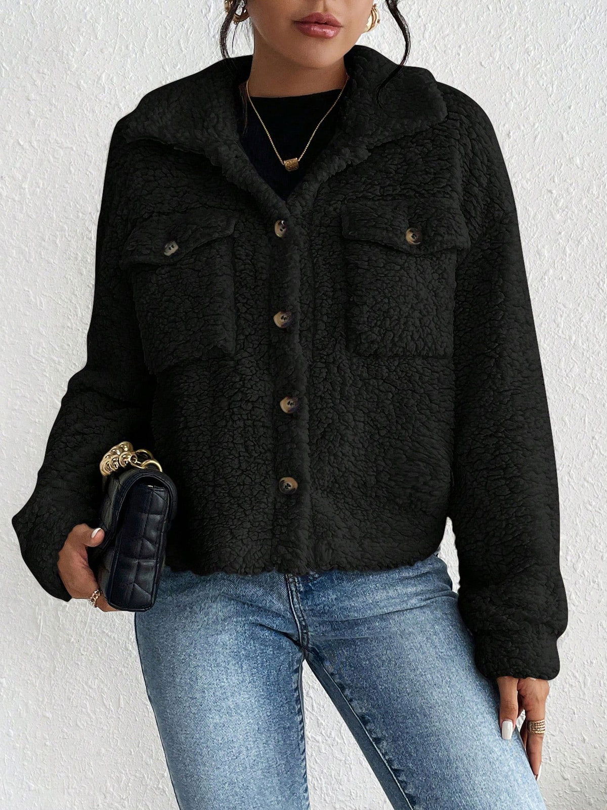 Collared Solid Color Long Sleeves Pockets Fleece Jacket