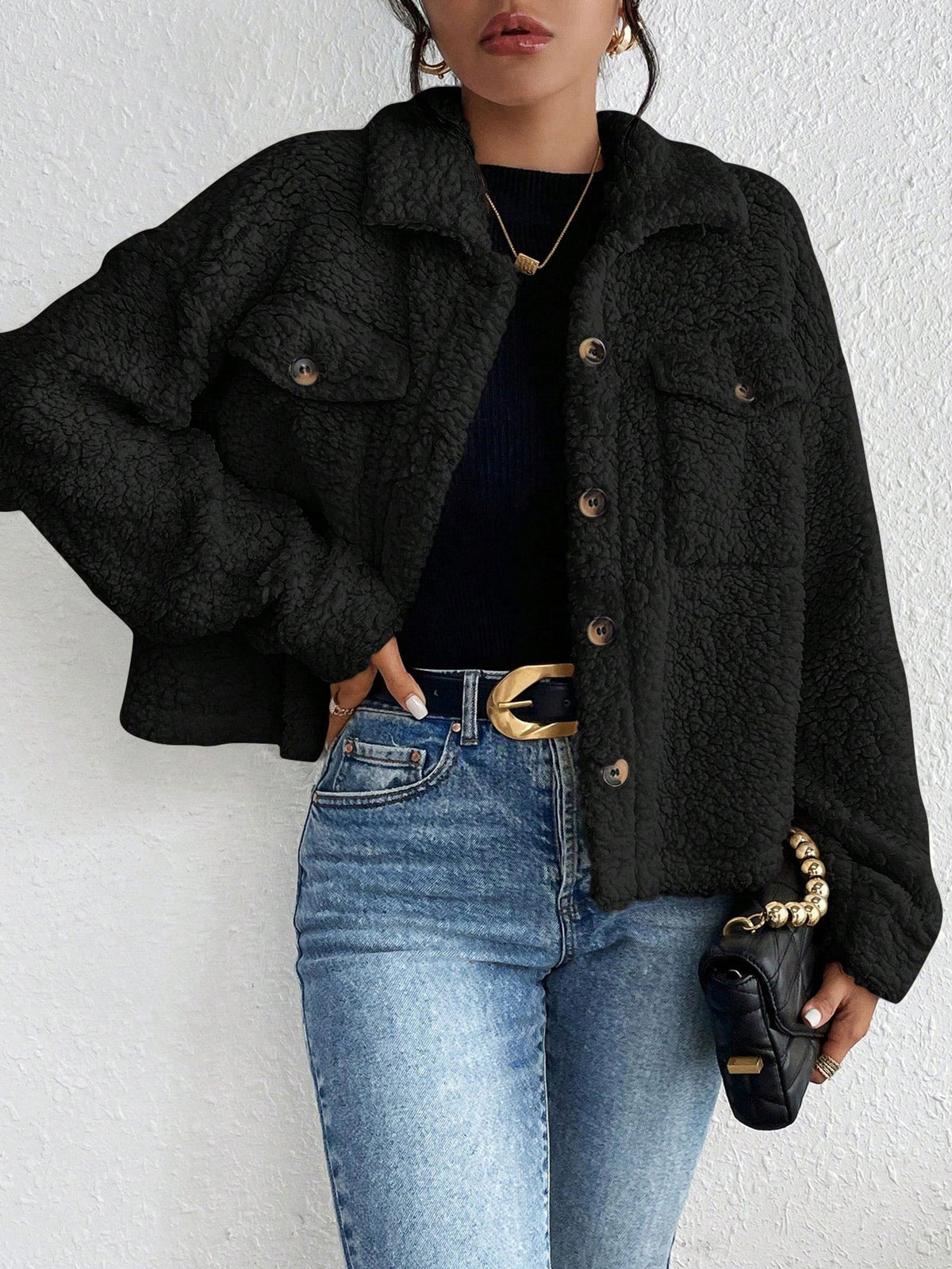 Collared Solid Color Long Sleeves Pockets Fleece Jacket