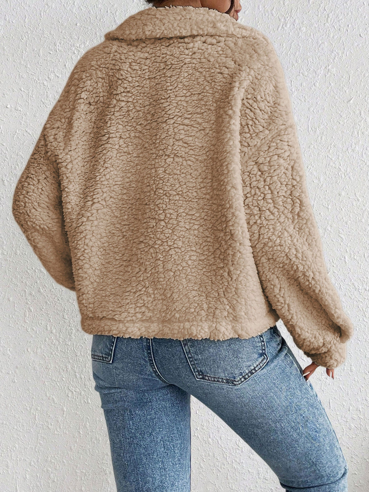 Collared Solid Color Long Sleeves Pockets Fleece Jacket