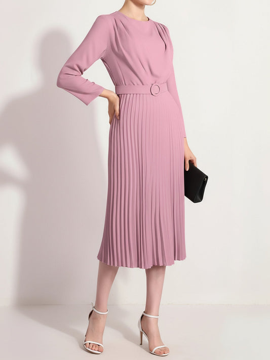 Crew Neck Long Sleeves Belted Pleated Midi Work Dress