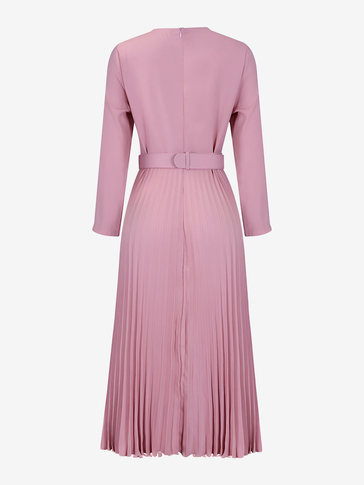 Crew Neck Long Sleeves Belted Pleated Midi Work Dress