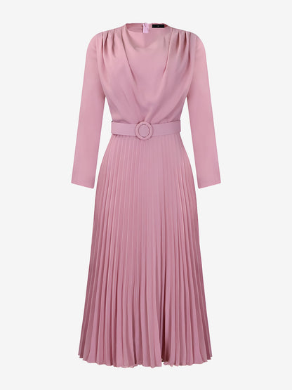 Crew Neck Long Sleeves Belted Pleated Midi Work Dress