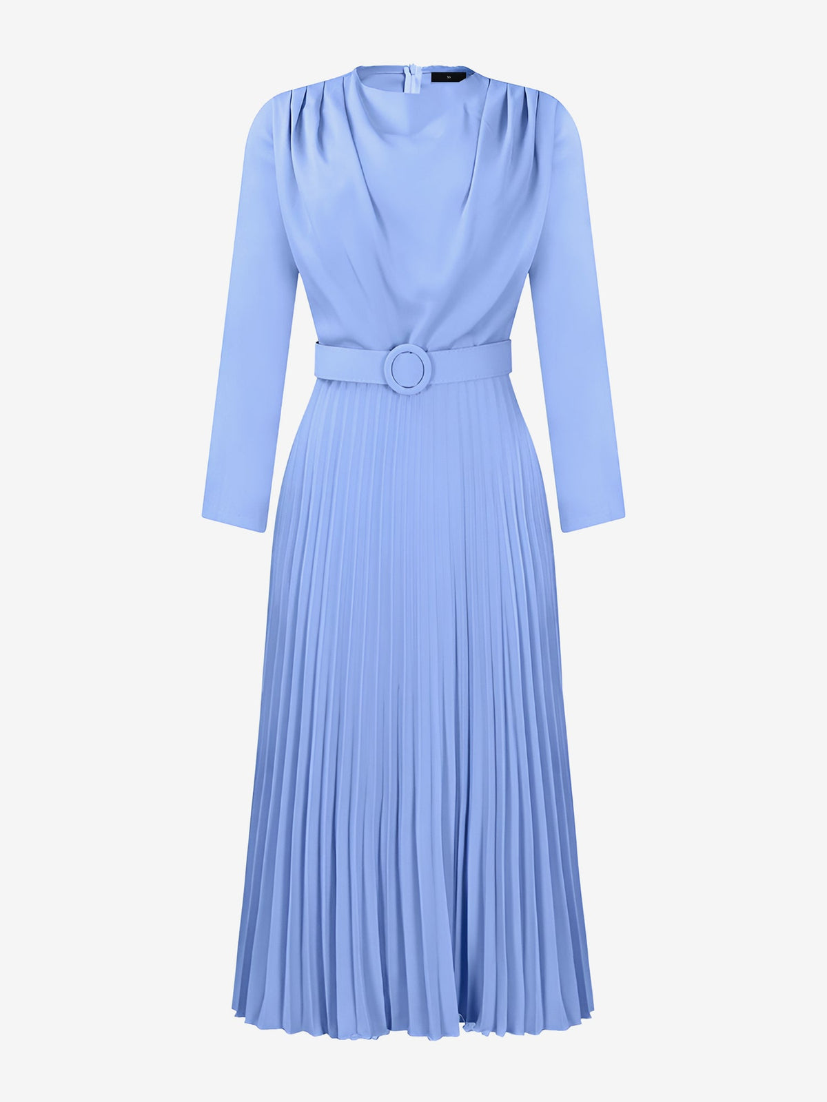 Crew Neck Long Sleeves Belted Pleated Midi Work Dress