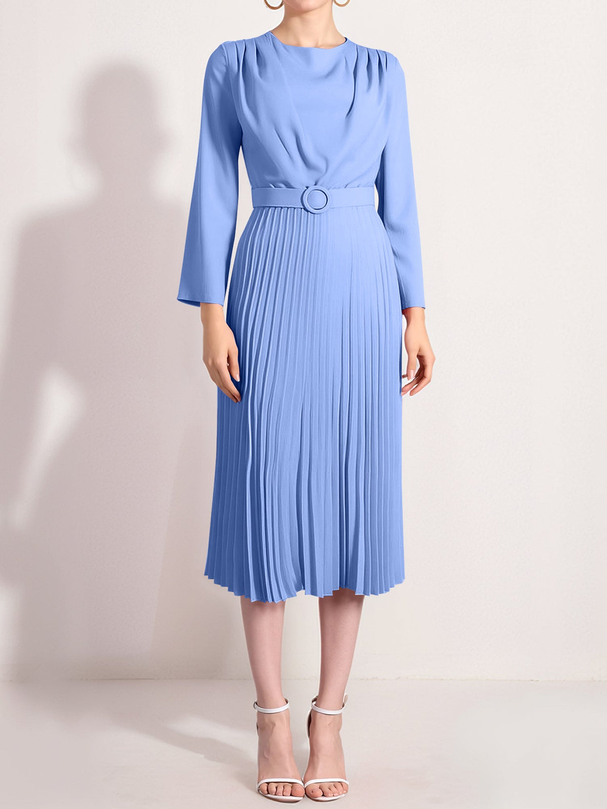 Crew Neck Long Sleeves Belted Pleated Midi Work Dress