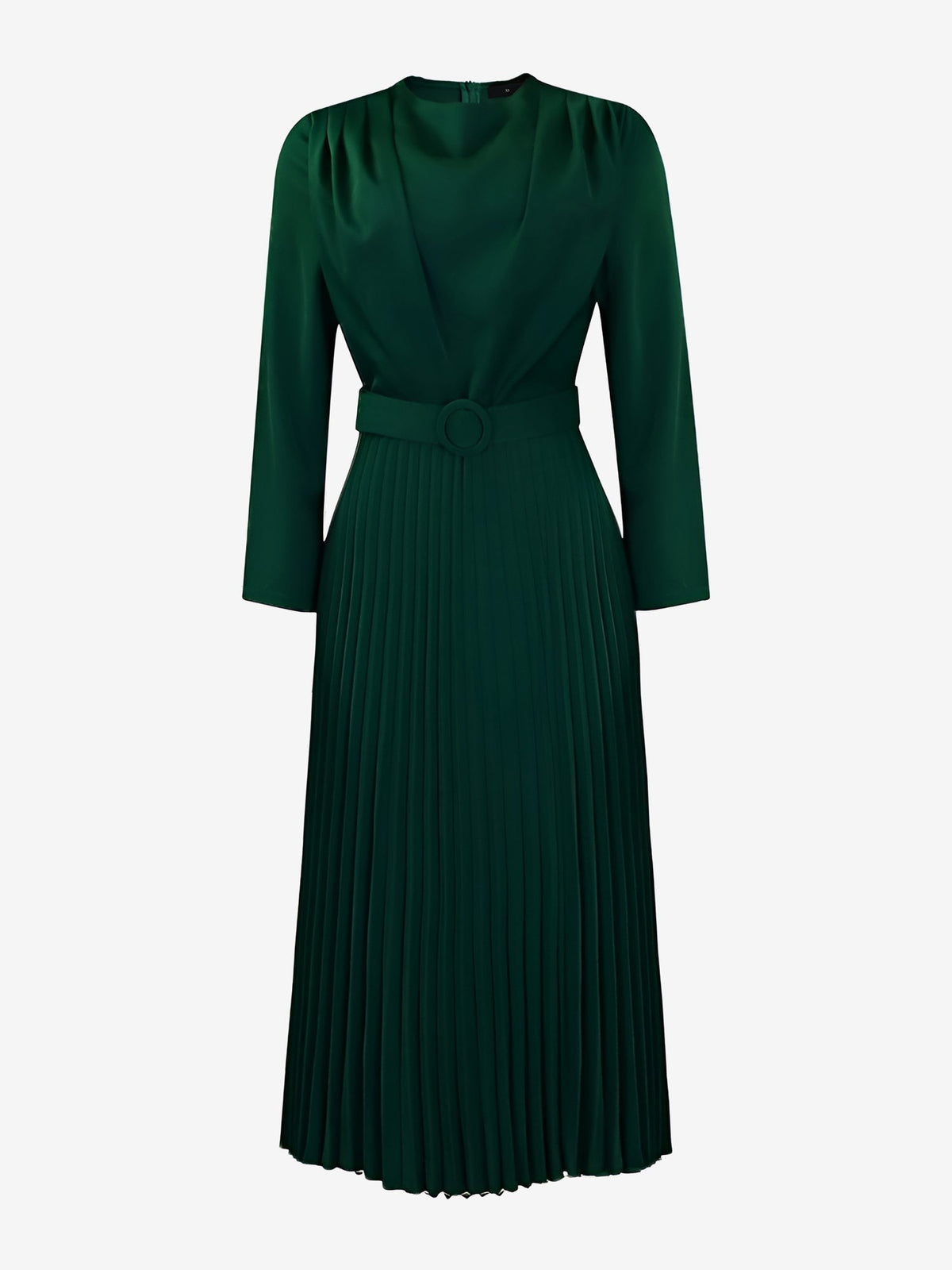 Crew Neck Long Sleeves Belted Pleated Midi Work Dress