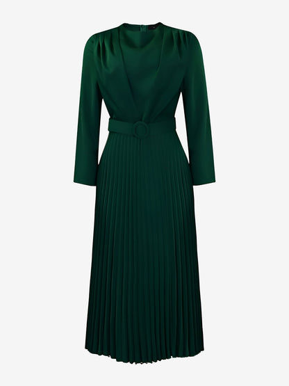 Crew Neck Long Sleeves Belted Pleated Midi Work Dress