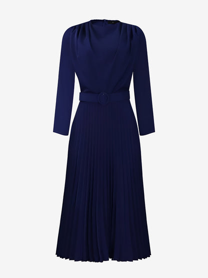 Crew Neck Long Sleeves Belted Pleated Midi Work Dress