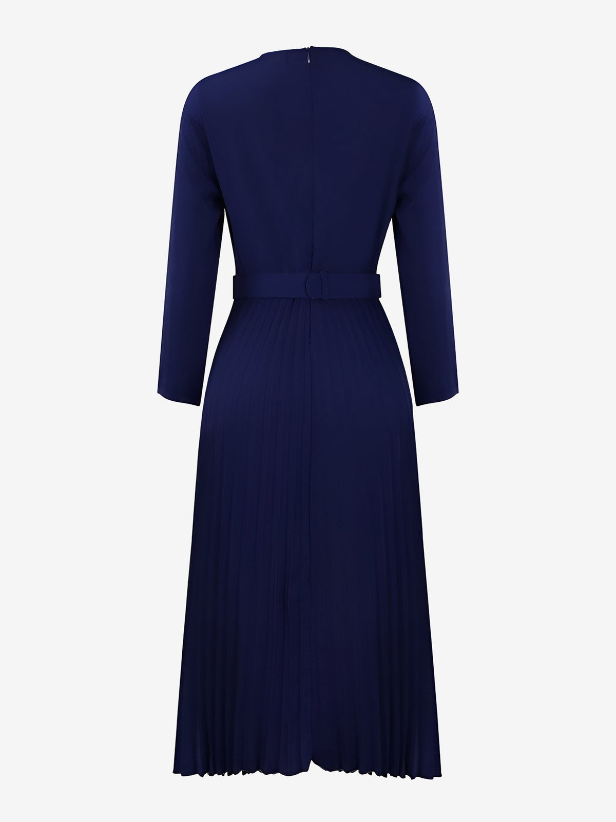 Crew Neck Long Sleeves Belted Pleated Midi Work Dress