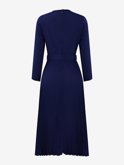 Crew Neck Long Sleeves Belted Pleated Midi Work Dress