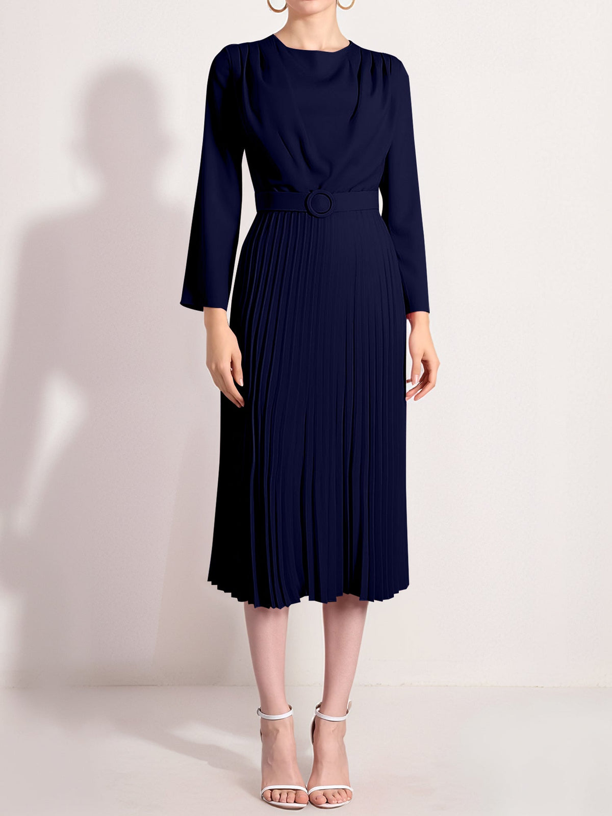 Crew Neck Long Sleeves Belted Pleated Midi Work Dress