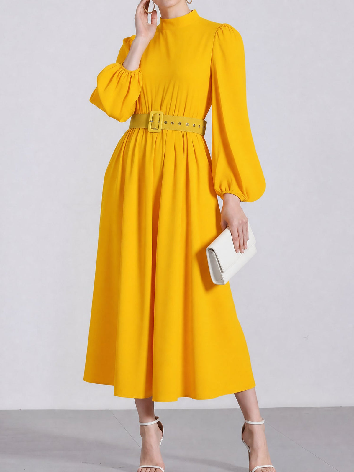 Mock Neck Puff Long Sleeves Belted A-Line Midi Dress