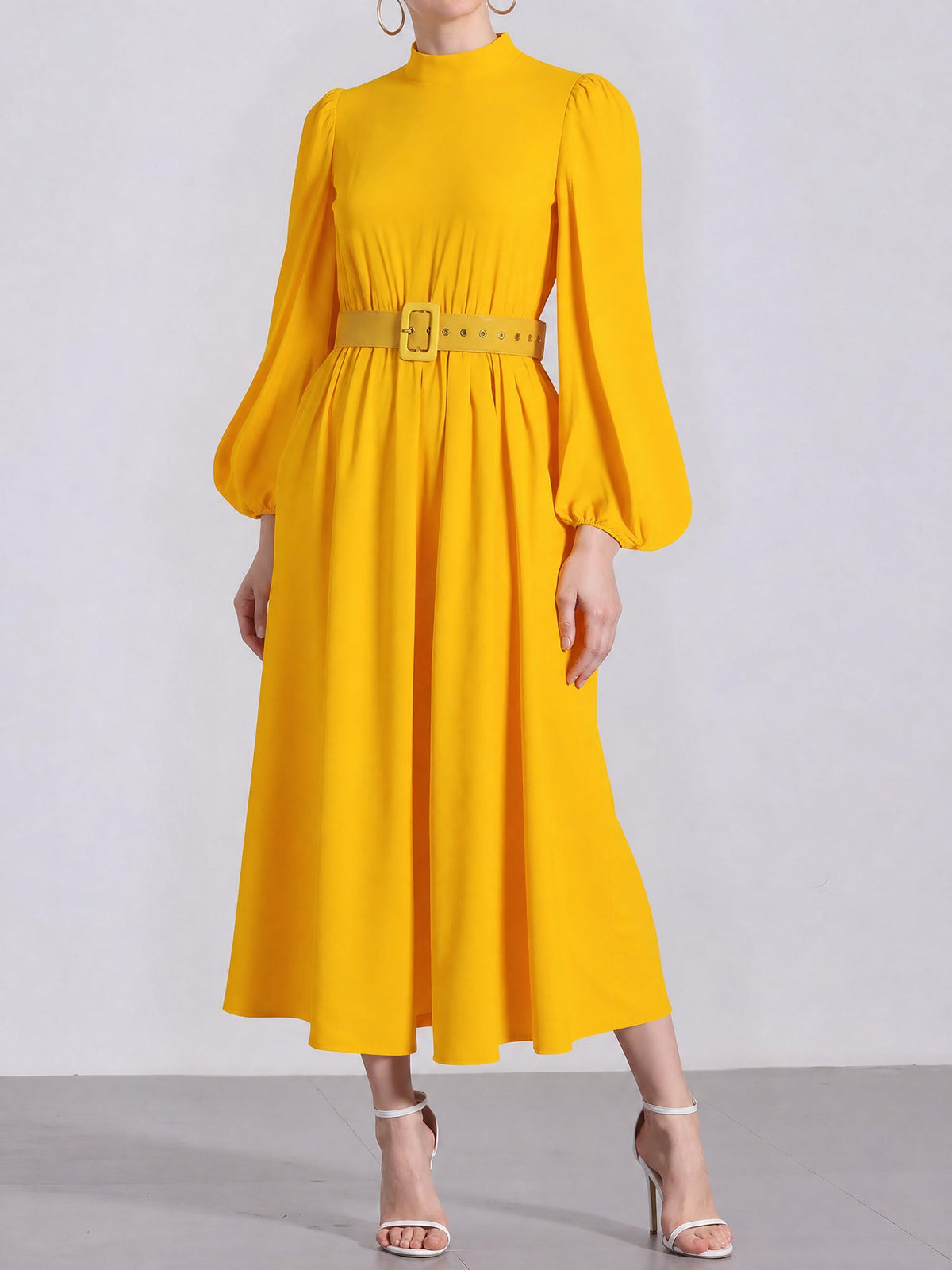 Mock Neck Puff Long Sleeves Belted A-Line Midi Dress