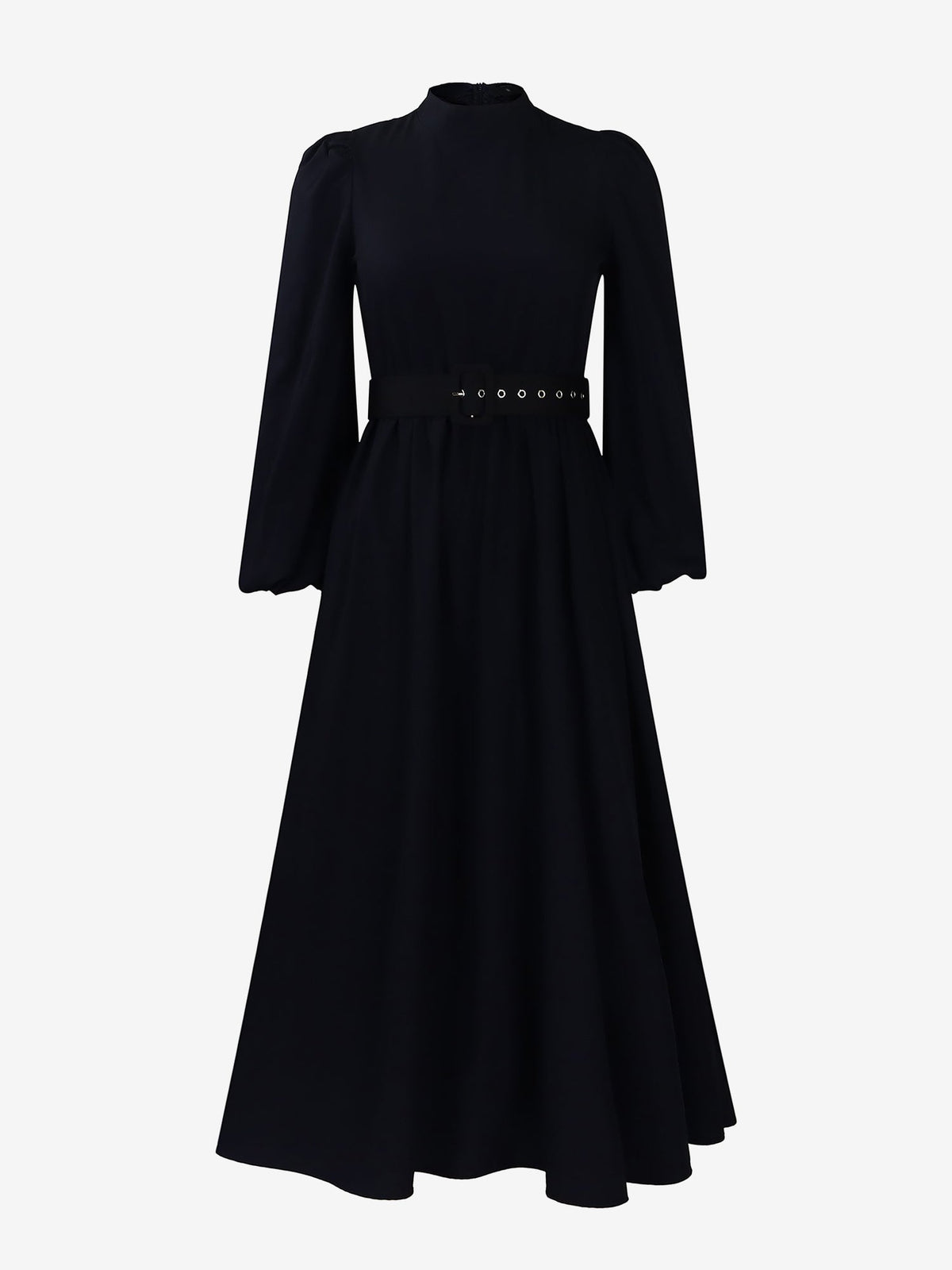 Mock Neck Puff Long Sleeves Belted A-Line Midi Dress