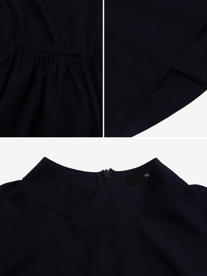 Mock Neck Puff Long Sleeves Belted A-Line Midi Dress