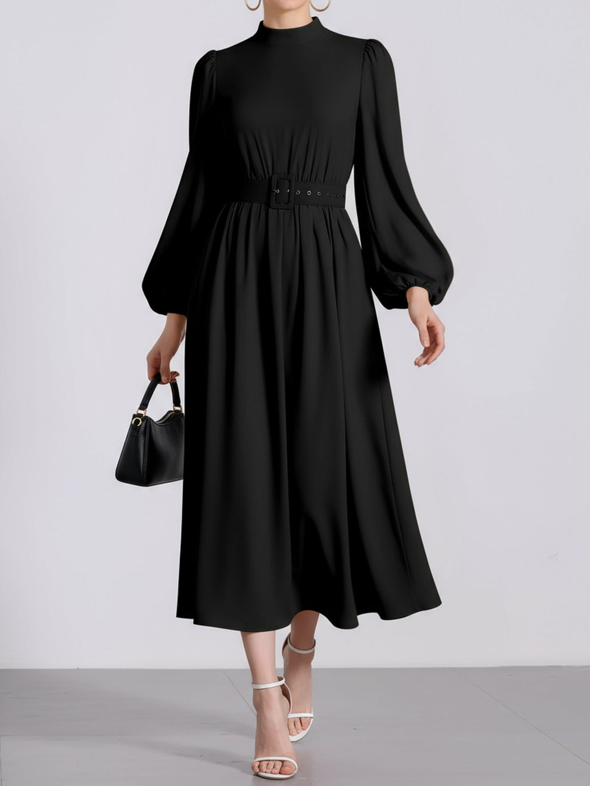 Mock Neck Puff Long Sleeves Belted A-Line Midi Dress