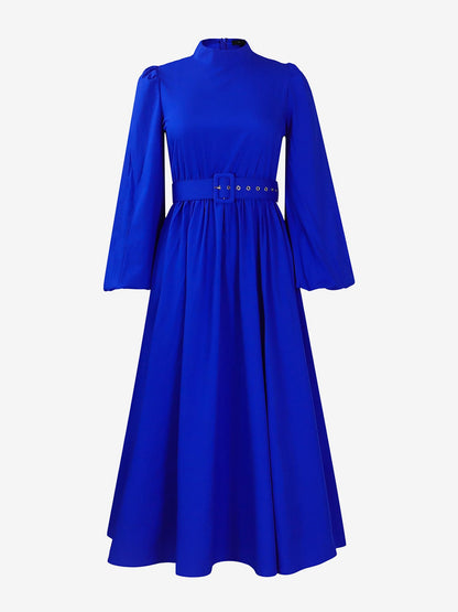 Mock Neck Puff Long Sleeves Belted A-Line Midi Dress