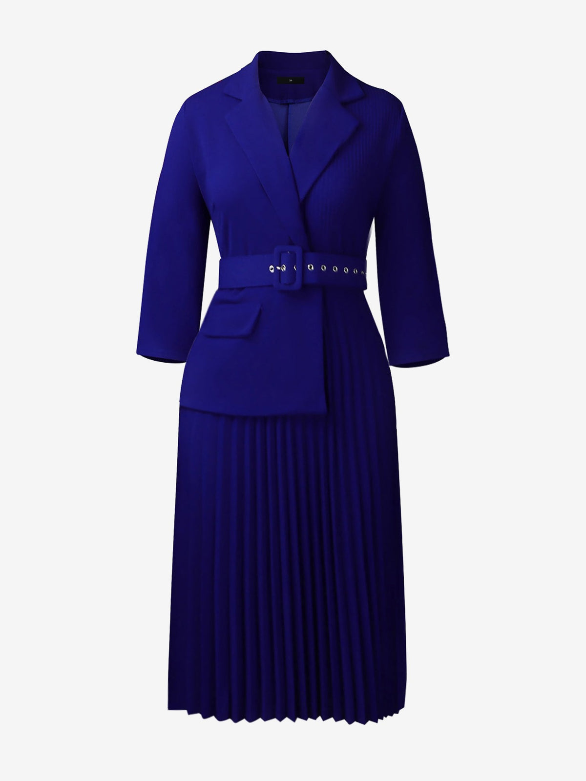Notched Lapel 3/4 Sleeves Belted Pleated Midi Work Dress
