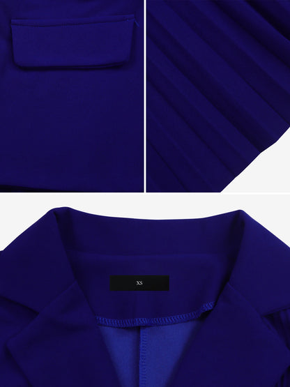 Notched Lapel 3/4 Sleeves Belted Pleated Midi Work Dress