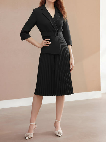 Notched Lapel 3/4 Sleeves Belted Pleated Midi Work Dress