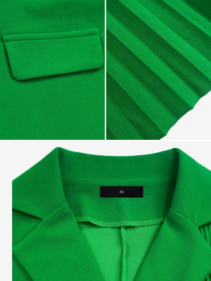 Notched Lapel 3/4 Sleeves Belted Pleated Midi Work Dress