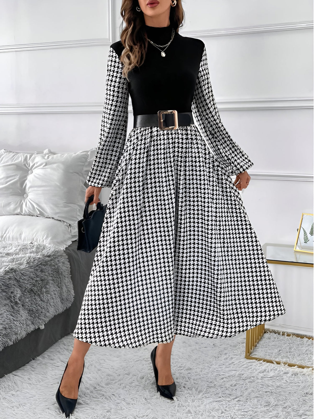 Houndstooth Patchwork Mock Neck A-Line Midi Dress