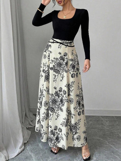 U Neck Long Sleeves Floral Patchwork Maxi Dress