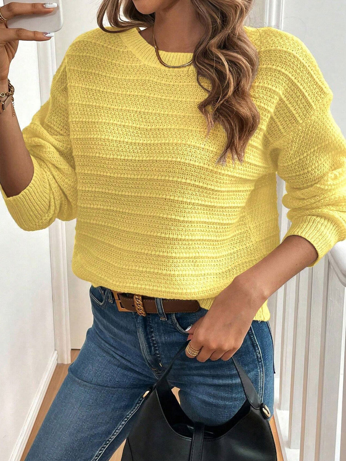 Crew Neck Long Sleeves Back Bow Casual Sweater