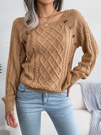 Round Neck Button Decor Cable Knit Pullover Sweater
