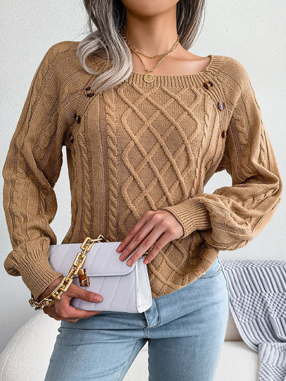 Round Neck Button Decor Cable Knit Pullover Sweater