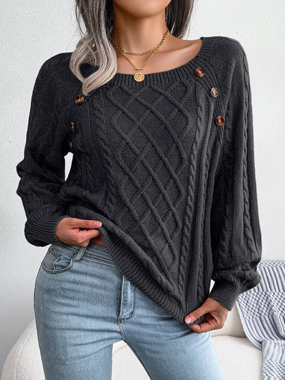 Round Neck Button Decor Cable Knit Pullover Sweater
