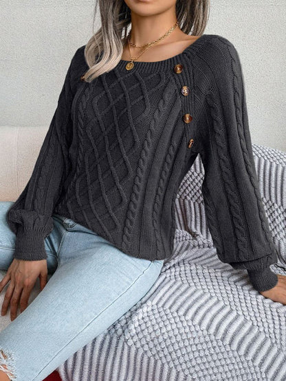 Round Neck Button Decor Cable Knit Pullover Sweater