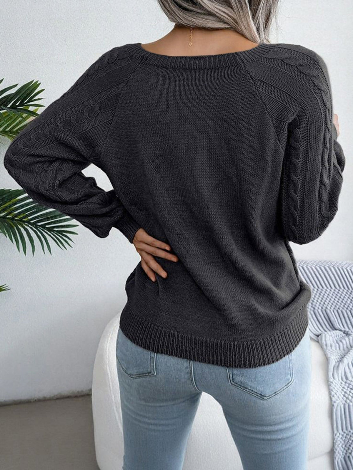 Round Neck Button Decor Cable Knit Pullover Sweater