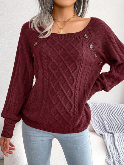 Round Neck Button Decor Cable Knit Pullover Sweater